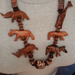 Hand carved wood African safari necklace